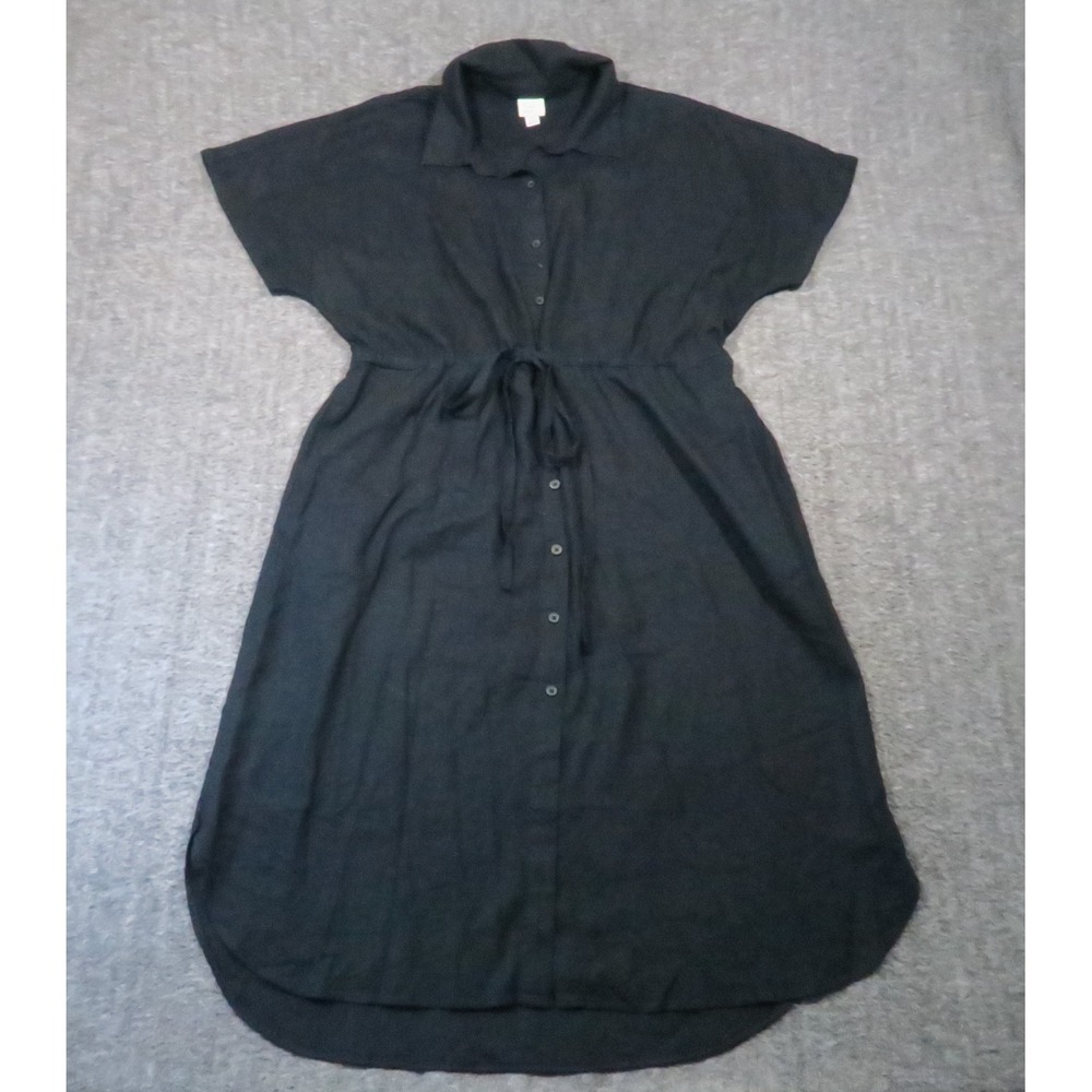 A New Day Linen Blend Shirt Dress L Black Cinch Midi Lagenlook Minimalist Luxury - Picture 2 of 10
